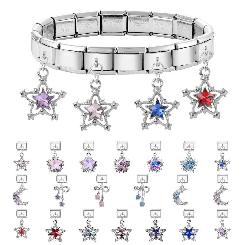 New Shiny Bow Knot Butterfly Moon Star Zircon Pendant Italian Charm Link Fit 9MM Bracelet Stainless Steel Women Men DIY Making