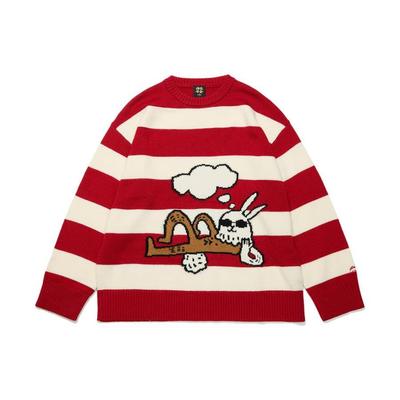 Li-Ning Striped Color-Block Cartoon Rabbit Intarsia Long Sleeve Sweater Unisex Tops Red AMBT009-1