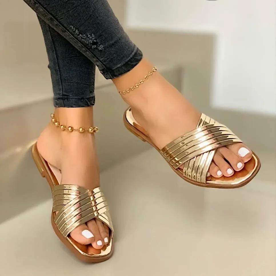 Women Slippers 2024 New Metal Striped Summer Flat Shoes Fashion Slip On Slides Outdoor Female Casual Women Sandals Plus Size 43