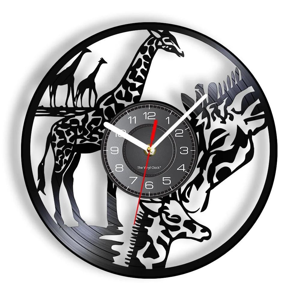 Giraffe Camelopardalis Design Wall Clock Wild Giraffe Family Jungle Art Vinyl Record Wall Watch Bedroom Decoration Wall Clock