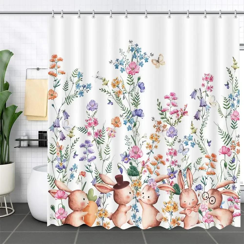 Happy Easter Bunny Shower Curtain Funny Rabbits Pink and Blue Eggs Bath Curtain Polyester Fabric Waterproof Bathroom Curtain Set