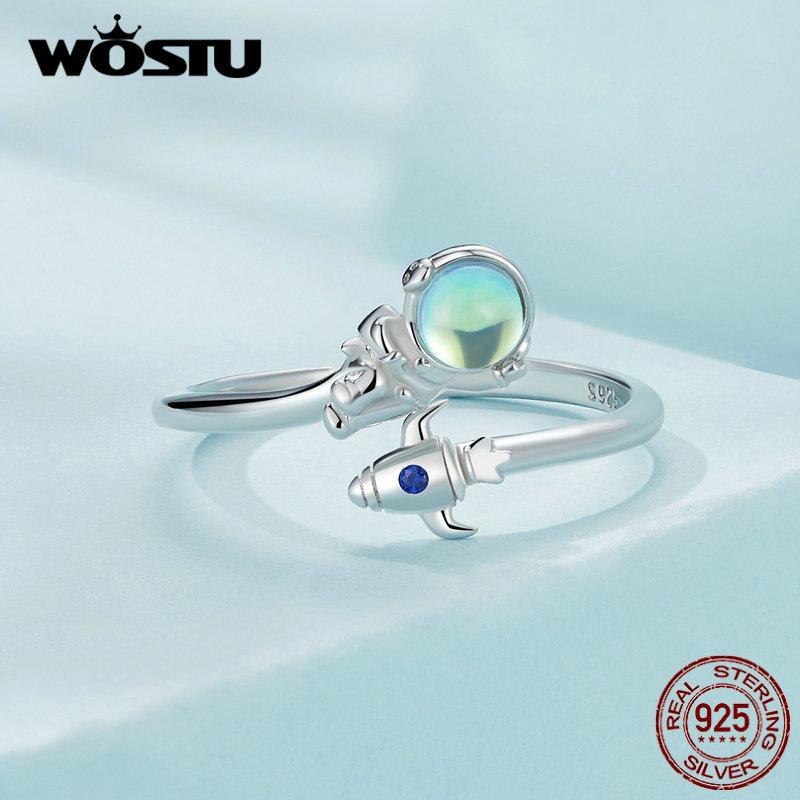 WOSTU 925 Sterling Sølv Rommann & Romfartøy Åpningsring Astronaut Justerbar Ring for Kvinner Bursdagsgave Finesmykker