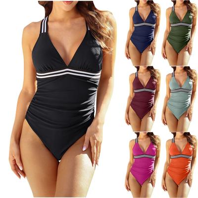 Women's V-neck Solid Color Patchwork One-Piece Bikini Swimsuit (a Set)