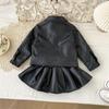 Girls' Autumn PU Leather Biker Outfit: Korean Fashion Jacket & Pleated Skirt Set