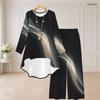 Women Plus Size Black Gold Printed Round Neck Long Sleeve High Low Top Wide Leg Pants Two Piece Set