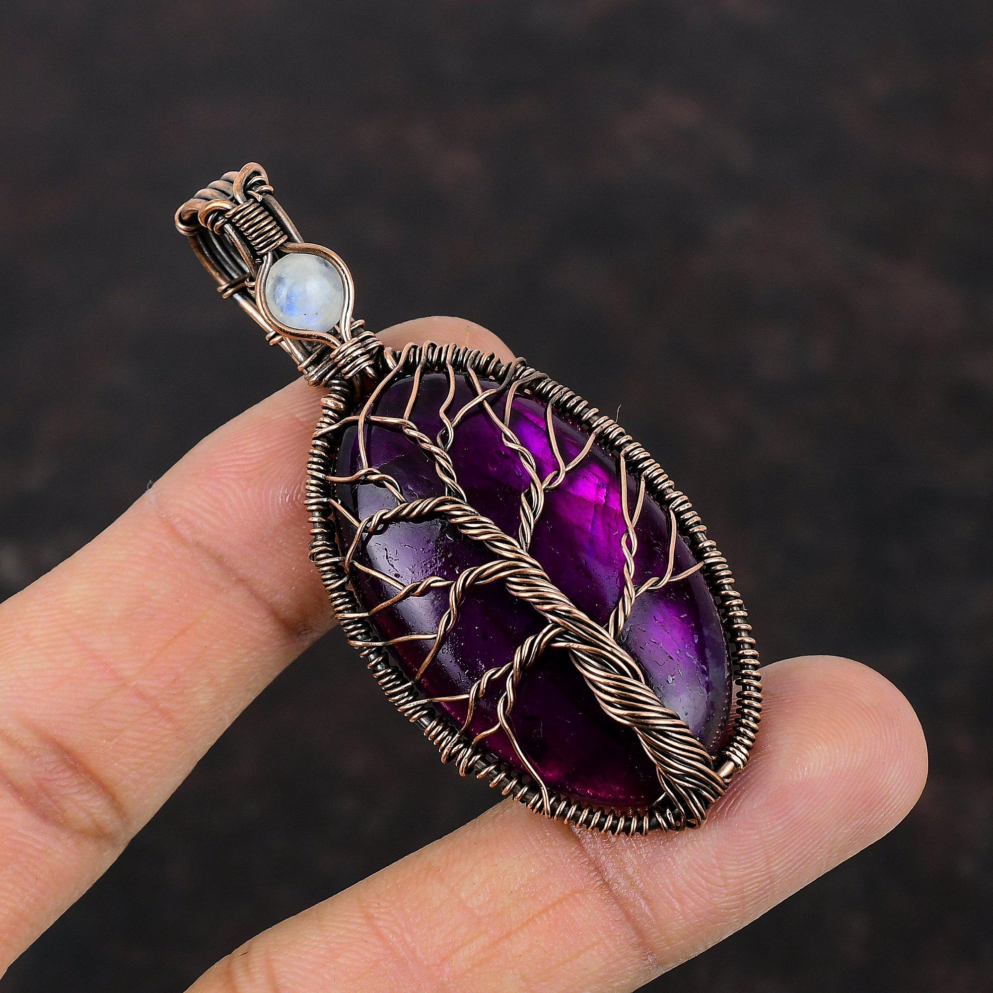 

Кулон из фиолетового огненного лабрадорита «Дерево жизни», обернутый медной проволокой, драгоценный камень, медные украшения для подарка, кулон из радужного лунного камня ручной работы