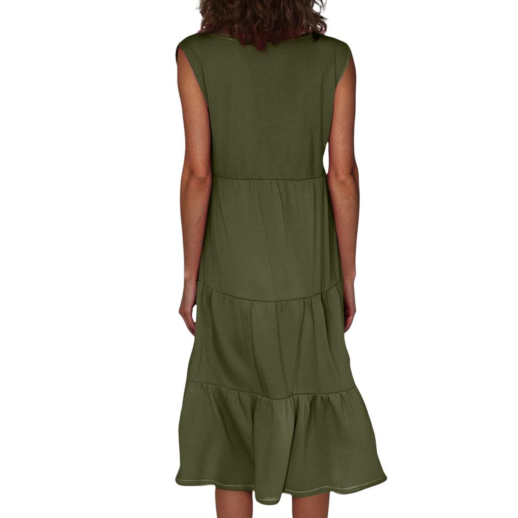 Women's Bohemian Round Neck Ruffle Solid Color Summer Casual Dresses