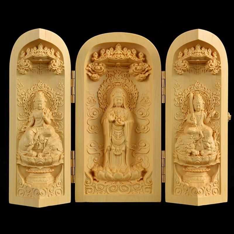 Skládací krabička Ozdoba sochy Buddhy, Sochy Guanyin, 3,93" Dřevořezba Západní Sansheng Řemesla Kancelář Domácí dekorace dárek