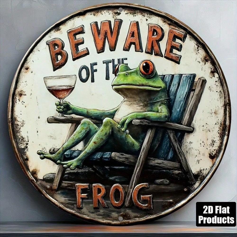 2D Flat Metal Wall Art Frog Sign, 8 Inch Round Aluminum Plaque for Home Decor Kitchen Bar, Unique Funny Gift