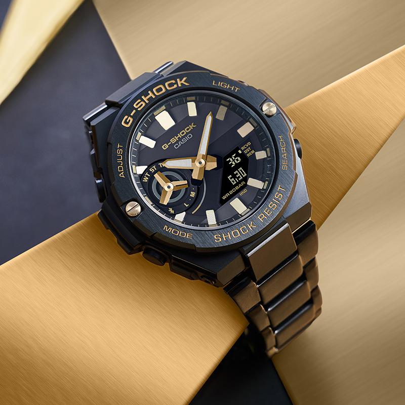Casio G-STEEL Series-Disc Dual Display Golden Age Metal Solar Carbon Core Sports Watch Quartz Movement Resin Strap Japanese and GST-B500BD-1A9PFT
