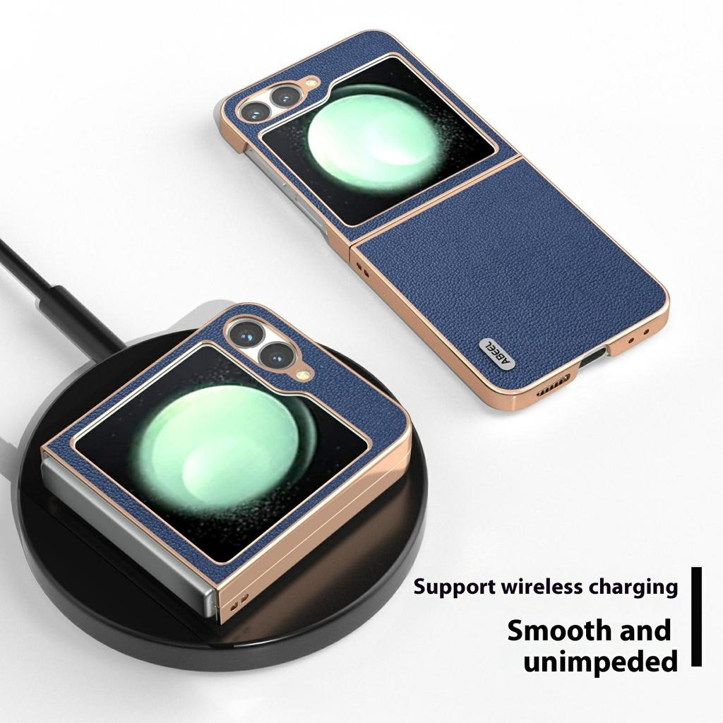 ABEEL For Samsung Galaxy Z Flip7 FE 5G/Z Flip6 5G Case Electroplating Edge Genuine Cow Leather Coated PC Phone Cover