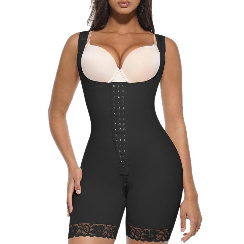 Plus Size Waist Cincher Bodysuit with Shoulder Straps, Button Closure, and Crotch Zipper for Tummy Control.