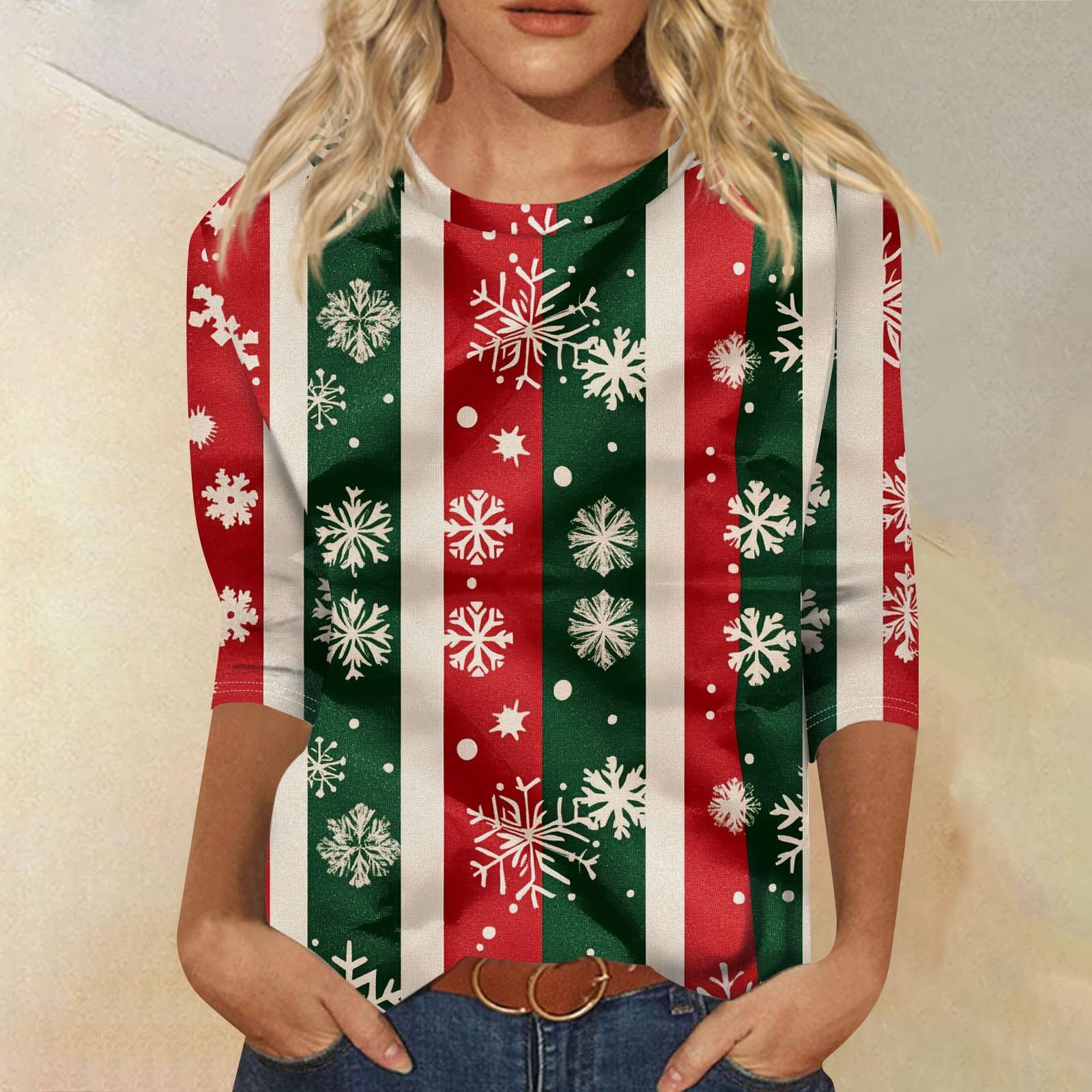 

Женская мода повседневная рубашка с круглым вырезом и рождественским принтом, семь рукавов XL
