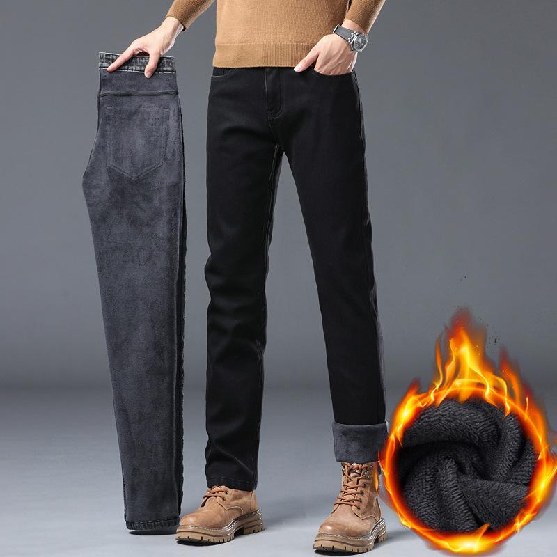Men's Winter Stretch Padded Jeans Men Thickened Loose Straight Warm with Flannel Trousers Autumn and Winter Trousers