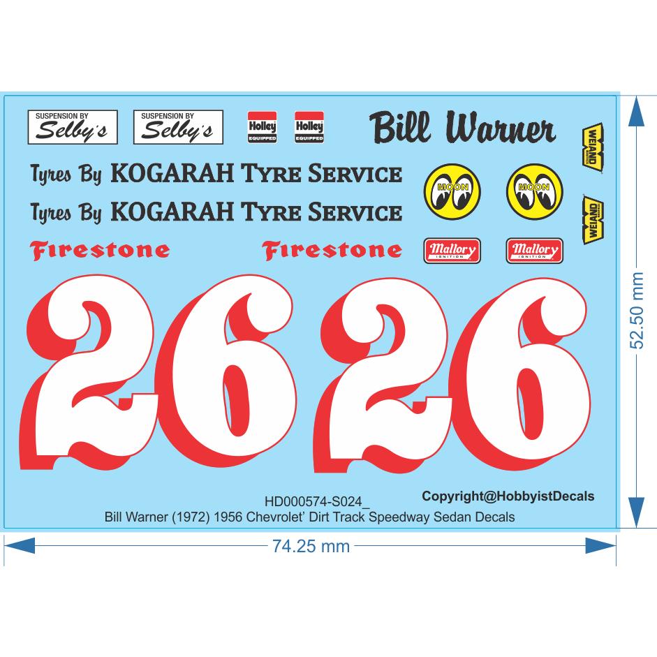 Bill Warner (1972) 1956 Chevrolet Dirt Track Speedway Sedan Decals - Water Decal - Waterslide,  1/24