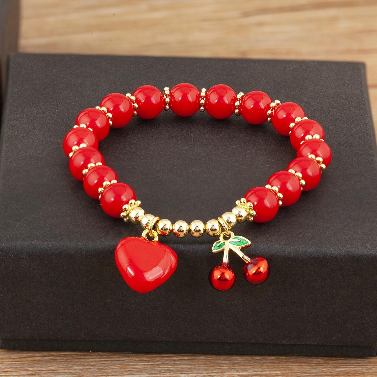 

Nidin Fashion Cherry Shape Heart Red Beads Chain Bracelet For Women 3 Styles Choice Daily Versatile Jewelry Accessories Gifts