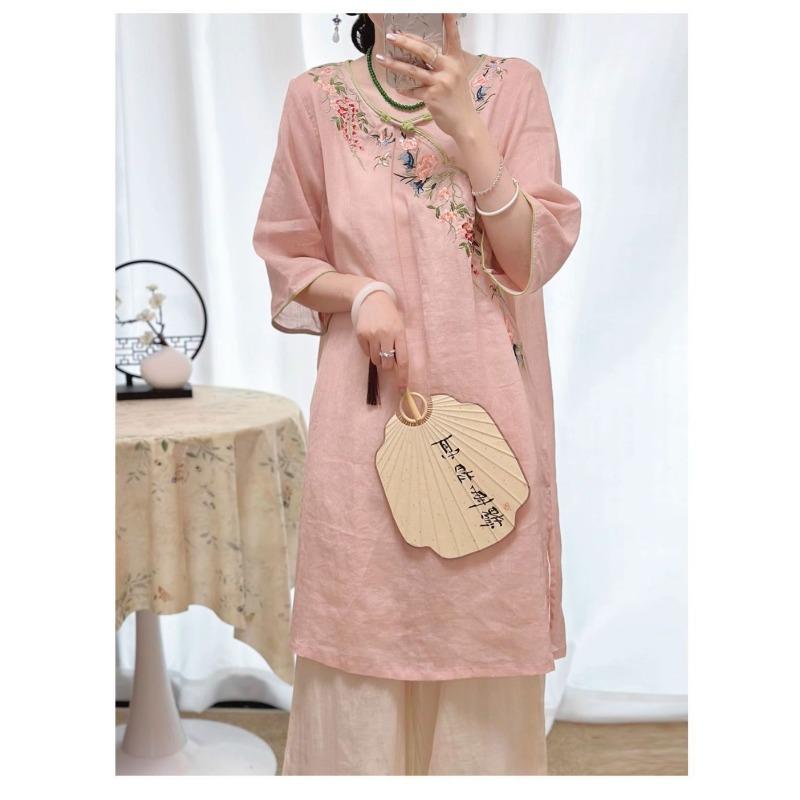 Women New Chinese Style Floral Embroidery Linen Dress Round Collar Frog Button Three-quarter Sleeve Casual Loose Fit Midi Dress