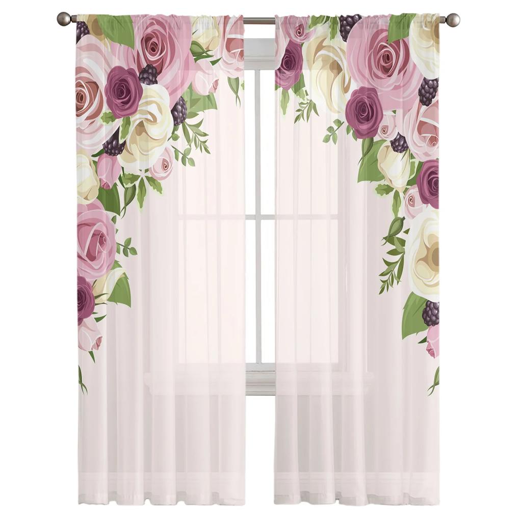2Pcs Flower Semi-circular Floral Tulle Curtains for Living Room Decoration Bedroom Sheer Curtains Room Kitchen Window Treatment