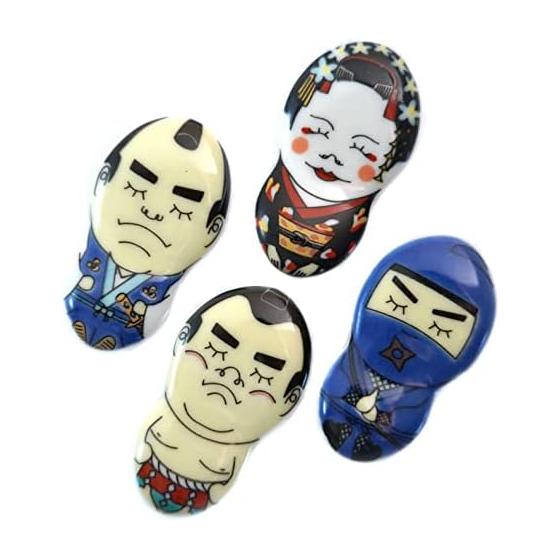 Tubbies Chopstick Rests, Kutani Ware, Funny Japanese History Set of 4: Samurai, Geisha, Sumo, Ninja by Seikou Kiln
