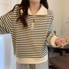 women half-zip striped sweatshirt polo collar long sleeve casual loose fit pullover top