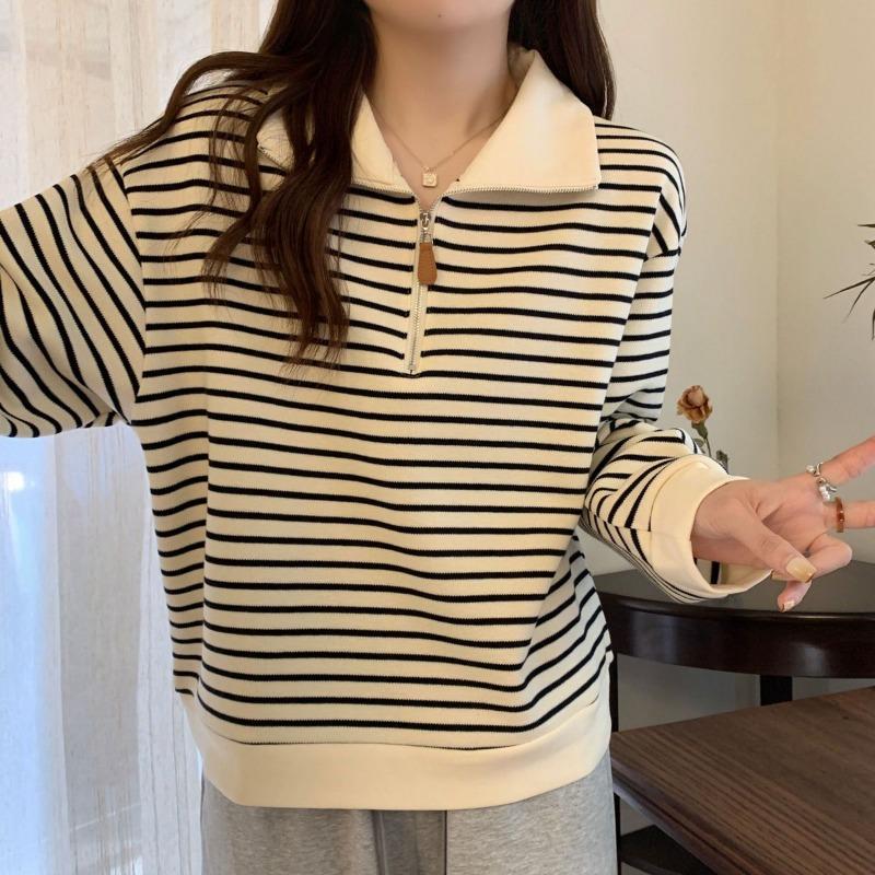 women half-zip striped sweatshirt polo collar long sleeve casual loose fit pullover top