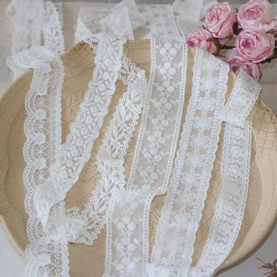 3meters/lot Paper White Cotton Embroidered Lace Trims Double Size Crochect Flower Mesh Wedding Lace Material