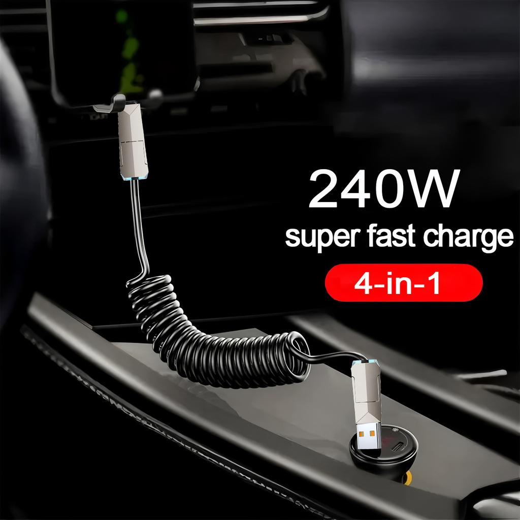 240W 4 IN 1 USB Type C Data Cable Car USB Spring PD Fast Charging Cable for iPhone 15 Samsung Xiaomi 14 Huawei Honor Data Wires