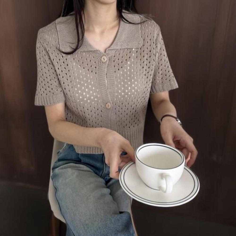 New Arrivals Open Run Women Cardigan Knit Short Sleeve Collar Neck Punching Mesh