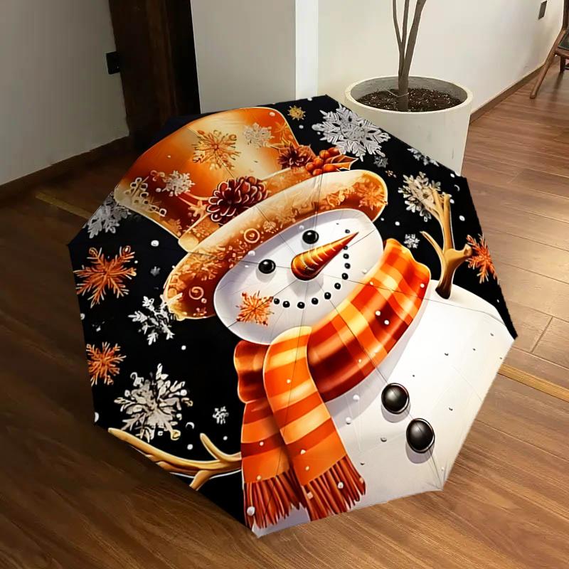 

Christmas Snowman Design Automatic Opening Folding Umbrella with Orange Hat and Scarf - Outdoor Rain Gear for Fans, Travelers, Everyday Use,