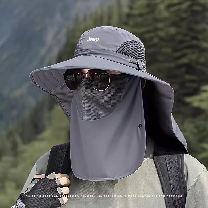 JEEP 2026 Men s Large Brim Sun Protection Fishing Hat with Face Mask темно-серого