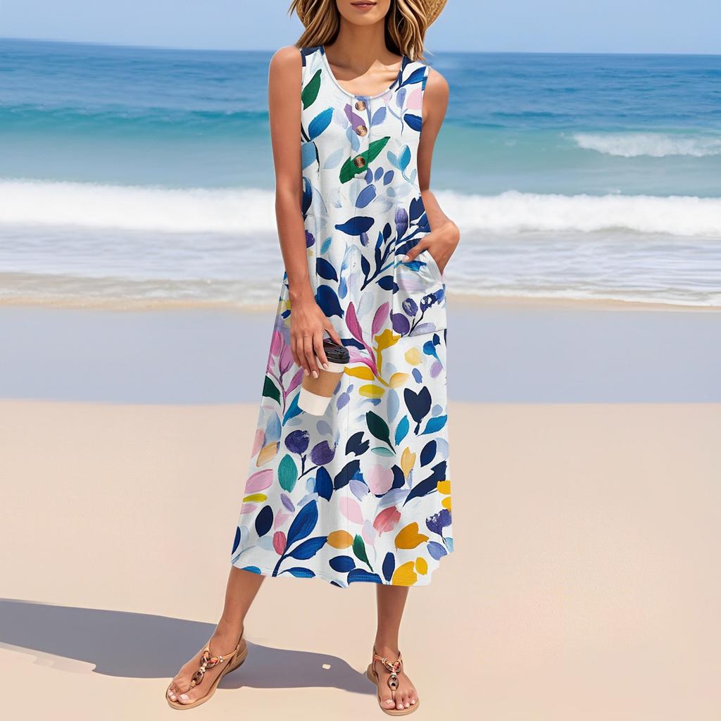 Women's Summer Vintage Floral Patchwork Print Dress Sleeveless Button Down Casual Loose Long Beach Sundress