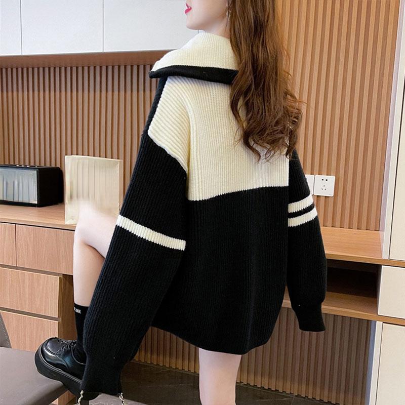 Sweaters Winter Autumn Oversize Women Zipper Pullover Full Sleeve Knitting Turtleneck Blue White Loose Sweater