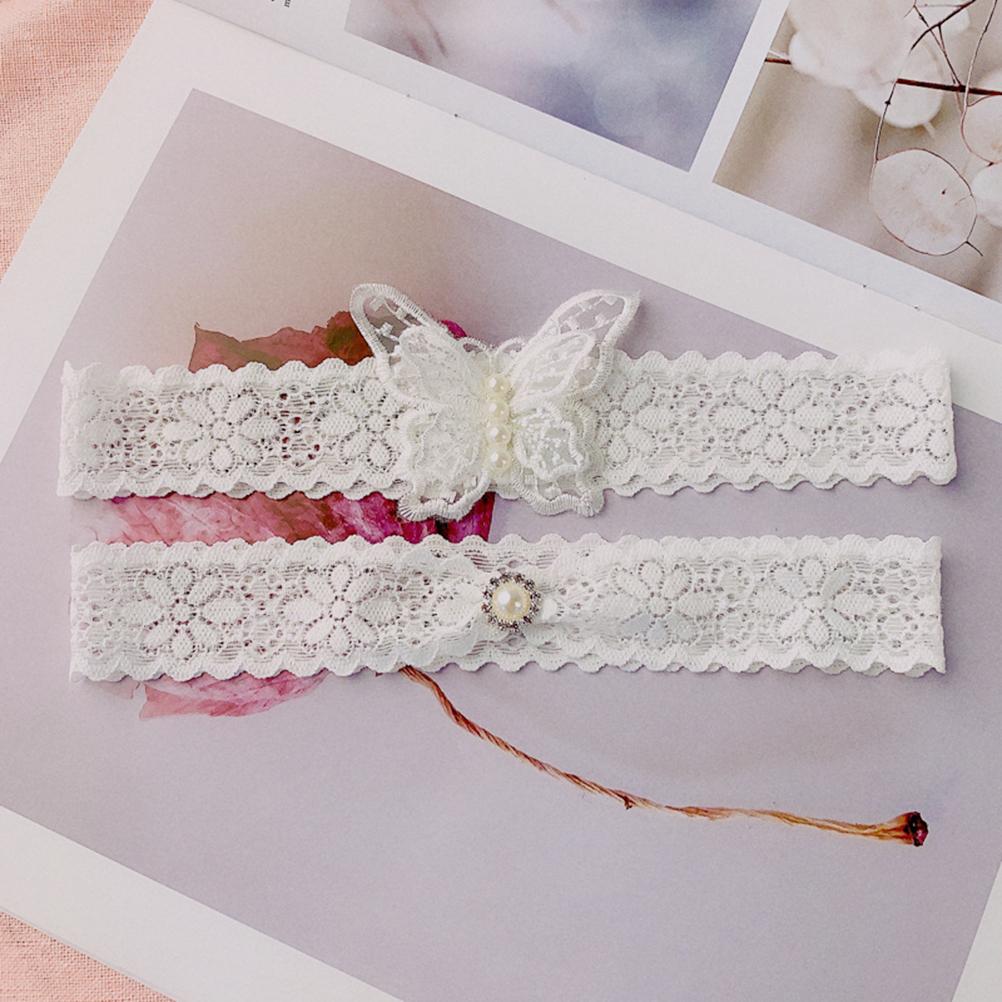 White Lace Garters Set Wedding Bride Garters Butterfly Pearls Garters Belt Bridal Leg Band for Women Wedding Party