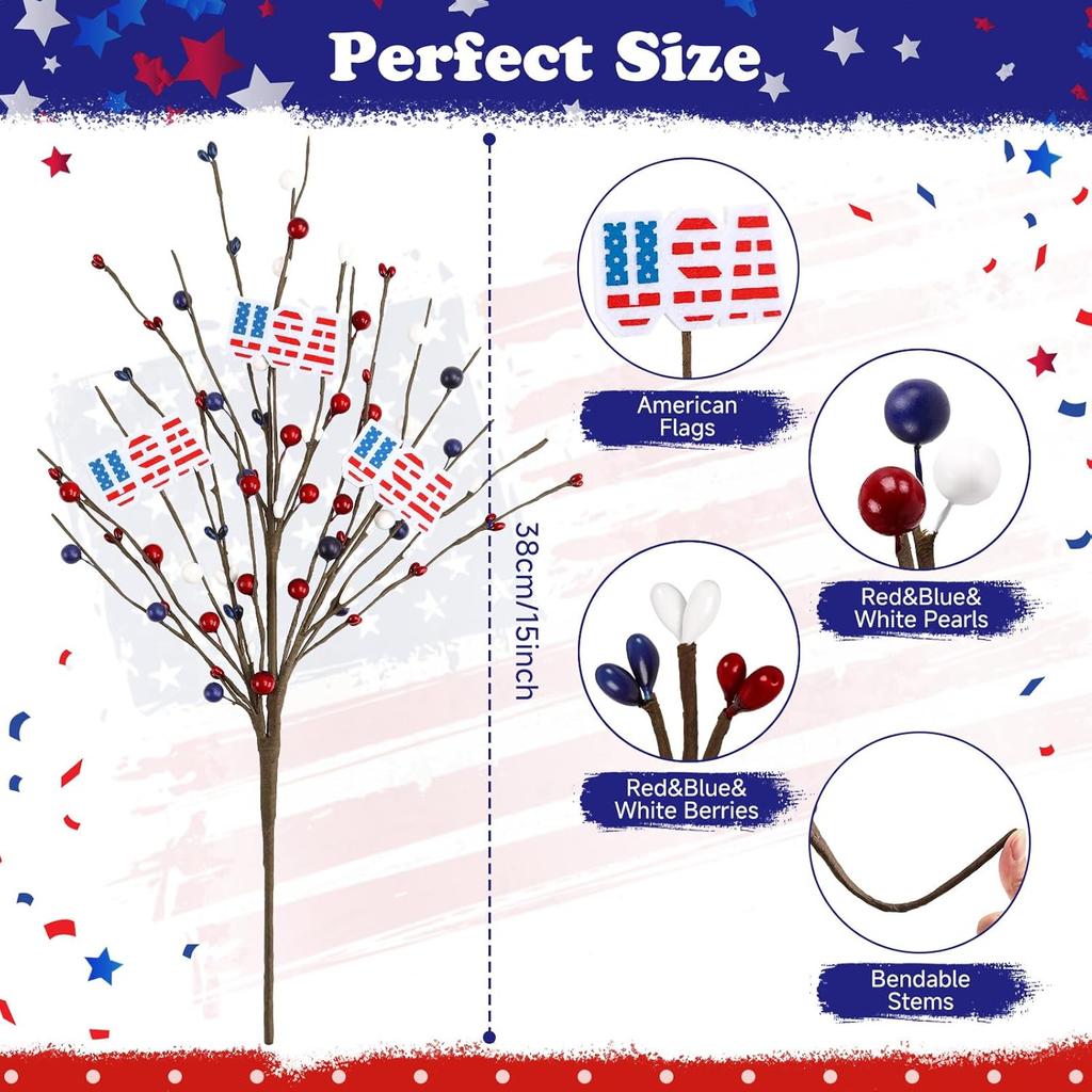 4 Pcs 4th of July Decorations Patriotic Artificial Berry Stem Picks White Blue Red Pearls and American Flags for Independence Day Memorial Day, Home