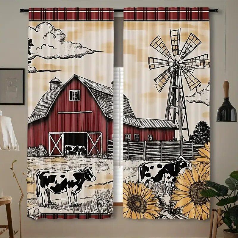 Retro farmhouse print curtains, pole bag curtains 42*84, bedroom and living room, home decoration, room decoration