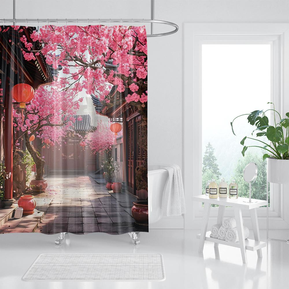 Waterproof Fabric 3D Shower Curtain Bathroom Curtain Pink Tree Landscape Polyester Bath Curtain Decorate With Hooks Cortina
