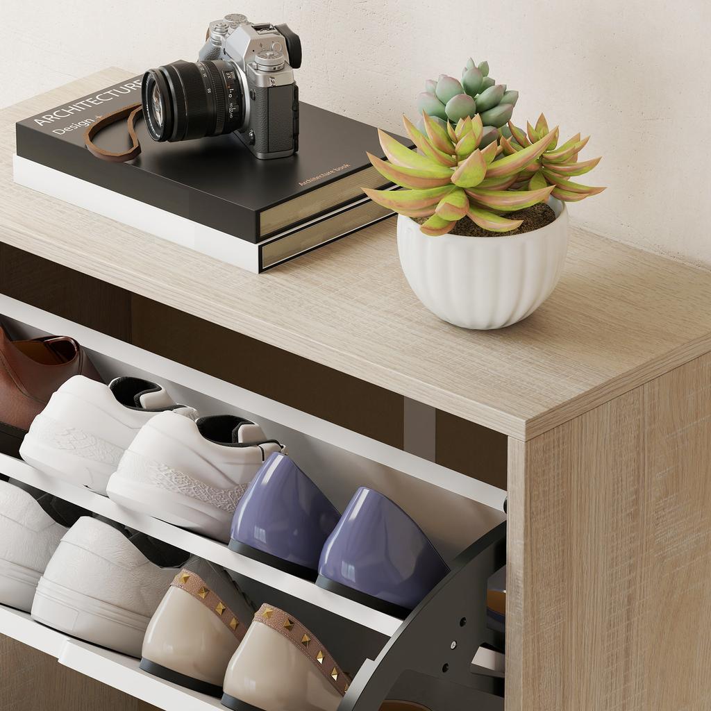 Slim Space-Saving Shoe Cabinet with 4 Drawers for 20 Pairs of Shoes 62.5x26x156 Cm, Wood Colour and White