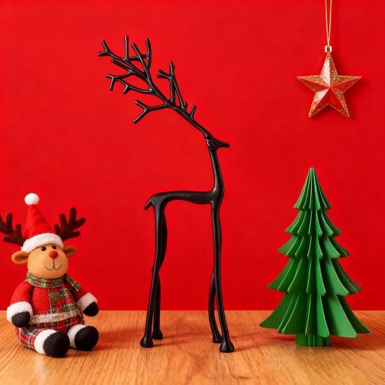 Black Reindeer Christmas Ornament Lightweight Metal Figurine Xmas Decoration Home Table Centerpiece Office Decor