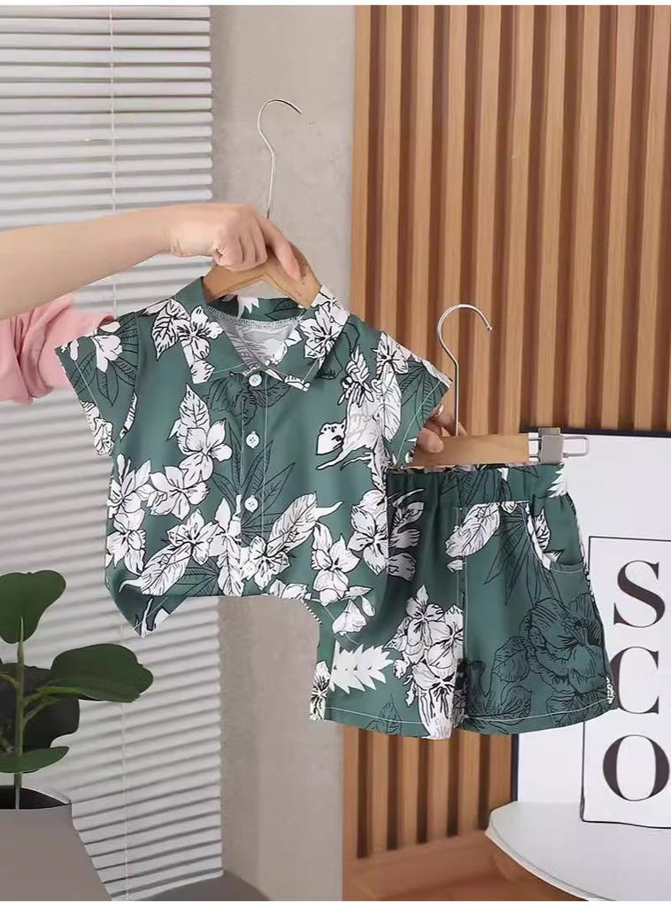 Adorable Boys Hawaiian Floral Shirt And Short Set For Summer Beach Vacation In Soft Cotton