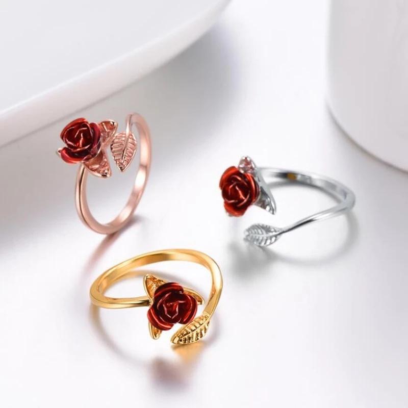 Anillo Abierto Flor Rosa Roja Hoja Flor de Pedrería para Mujer Anillo de Dedo Ajustable Joyería Regalo de San Valentín Compromiso