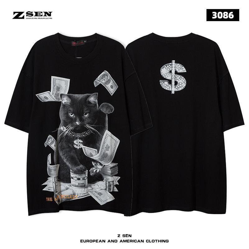 High Street Originální Retro Pánské Tričko s Krátkým Rukávem Americké Trendy Značky Hip-hopová Tmavá Osobnostní Potisk Volné Bavlněné