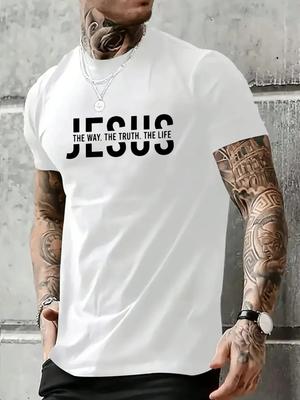 Men's Summer 100% Pure Cotton Casual Jesus Road Truth Life Letter Print Outdoor Sports Round-neck Short-sleeved Top