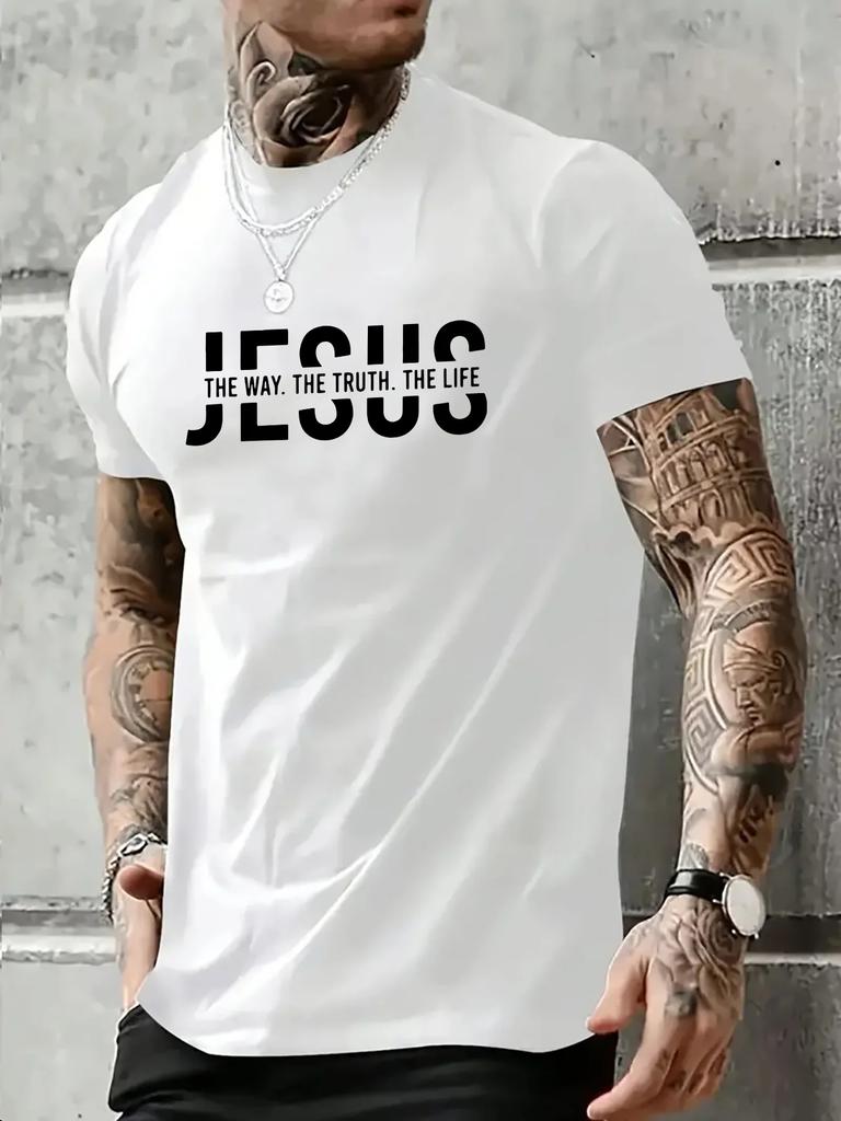 Men's summer 100% pure cotton casual Jesus Road Truth Life letter print outdoor sports round-neck short-sleeved top