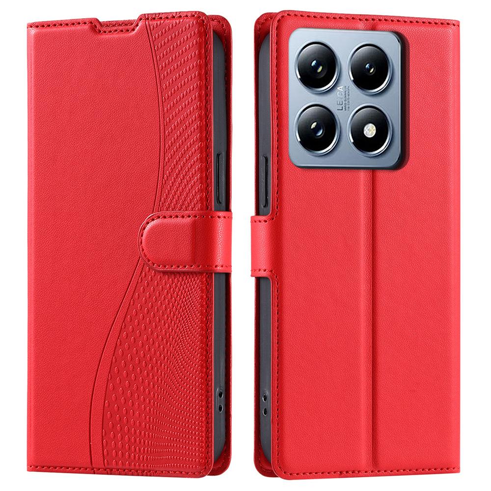 

For Xiaomi 14T Case Dots Imprinted PU Leather Flip Phone Cover with Card Slot,Strap Red