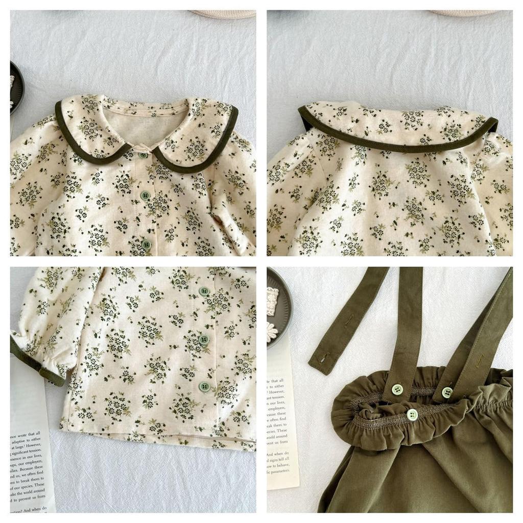Baby Flowery Blouse and Dungarees Size 70 [Chic Kids] Two-piece Set, Green,