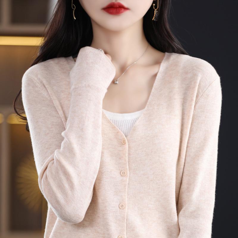 Women's 100% Pure Wool V-Neck Cardigan - Solid Color, Button-Up, Loose Fit Knitwear