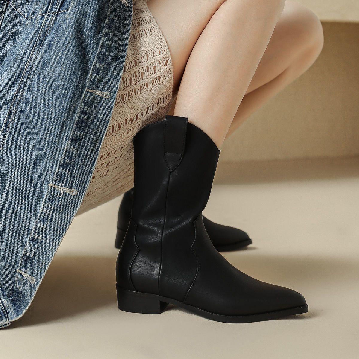 

Fashion Autumn Winter Leather Ladies Mid Calf Shoes Pointed Toe Middle Heel Women s Half High Boots New Rock Chic and Elegant Gyaru Boot 35