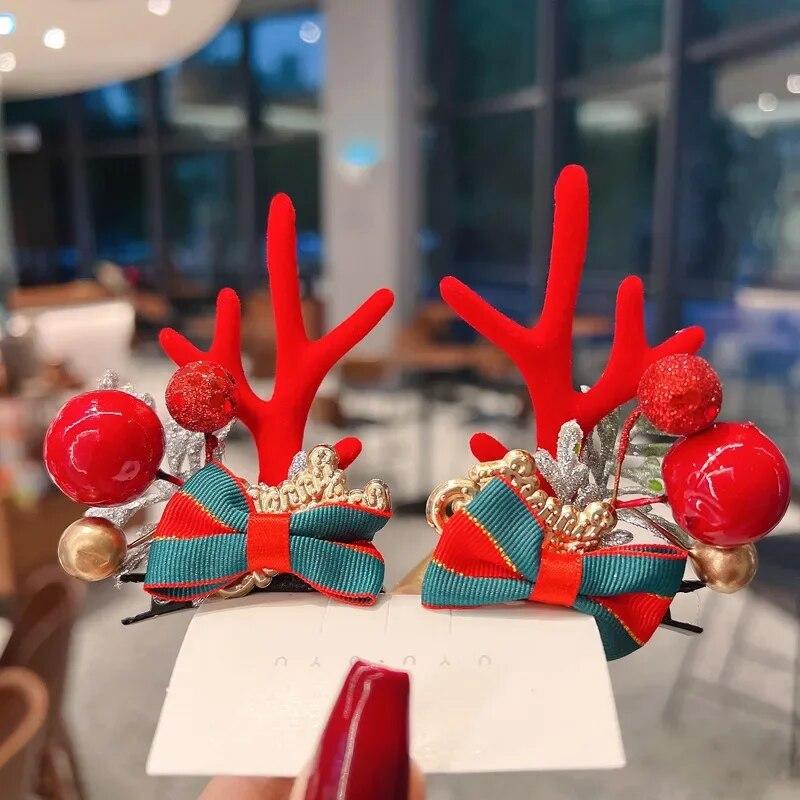 New Year Christmas Gift Kawaii Red Hair Pin Children Barrettes Bow Deer Santa Claus Kids Headwear Girls Kids Hair Accessories