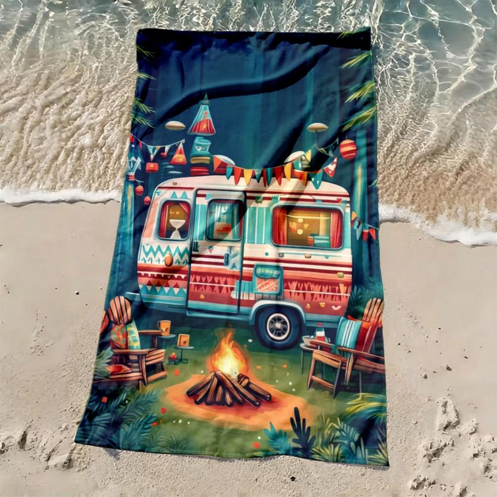 Vintage Campsite Oversized Beach Towel Patterned Sunscreen And Windproof Suitable For Swimming Pool Camping Travel Blanket