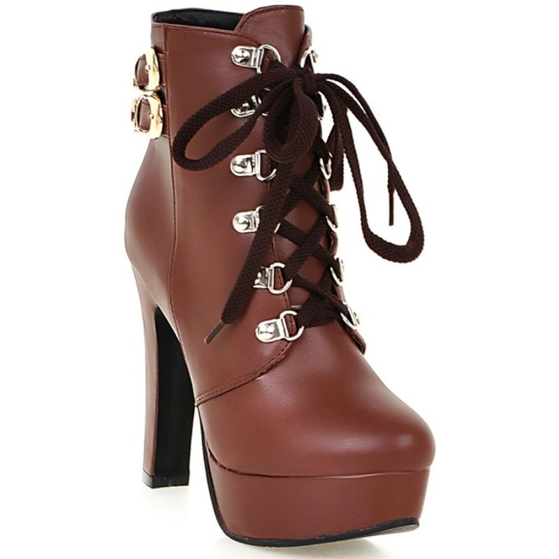 

Platform Short Boots Women Shoes Lace Up Autumn Winter Ankle Boot For Women High Heels Black Yellow White Party Shoes Large Size 39 коричневий